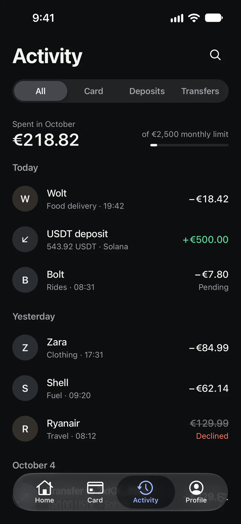 Activity: this month’s spending against the monthly limit and recent card payments and deposits