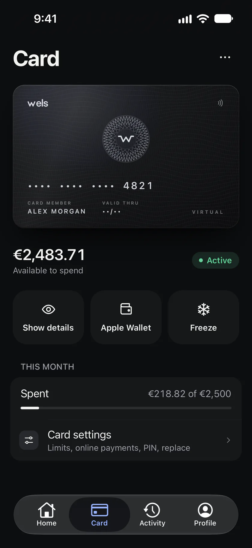 Card: the virtual card, €2,483.71 available to spend, card actions and this month’s spending