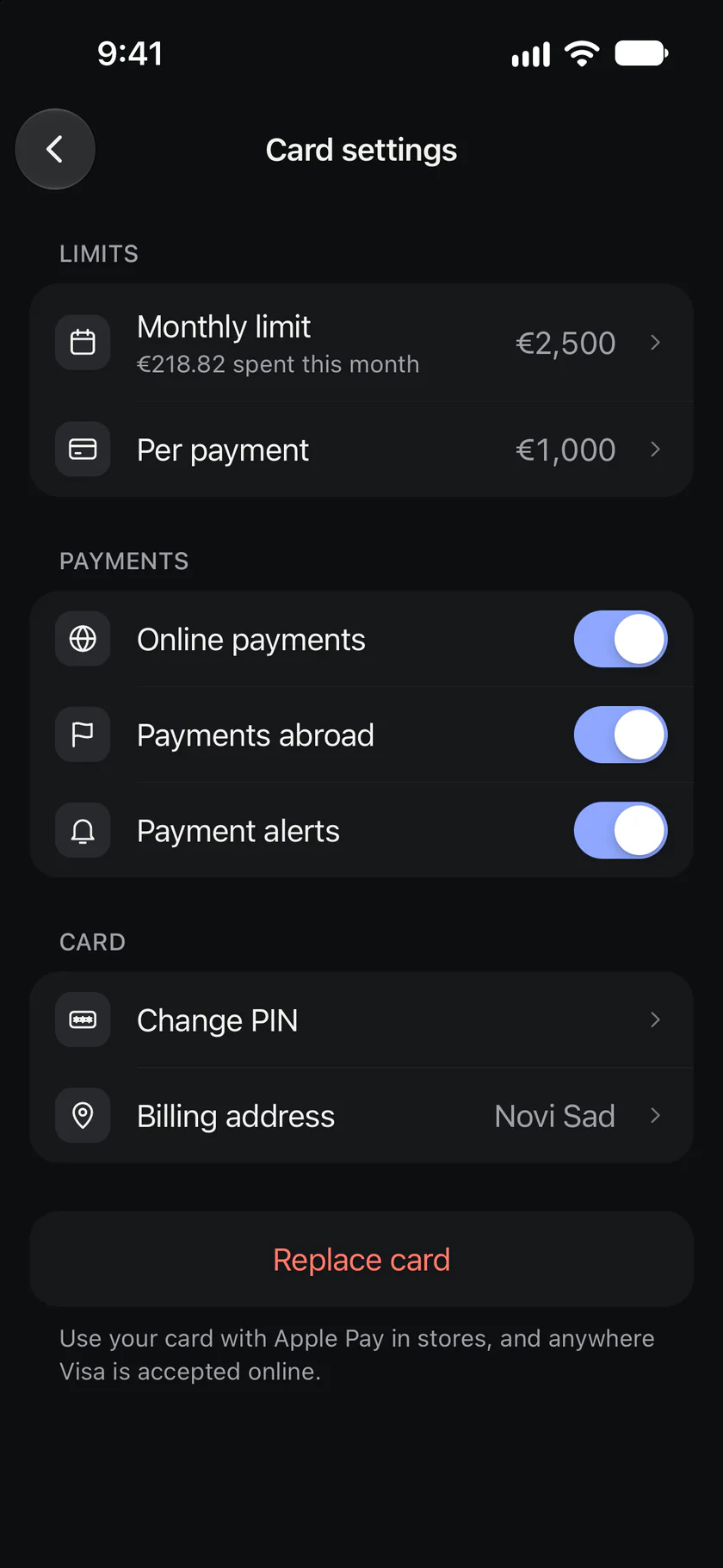 Card settings: monthly and per-payment limits, online payments, payments abroad and payment alerts