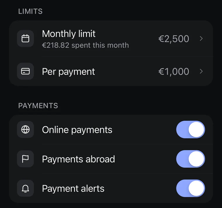 Card limits, online payments, payments abroad and payment alerts