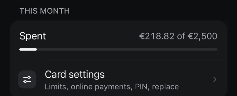 This month: €218.82 spent of a €2,500 limit