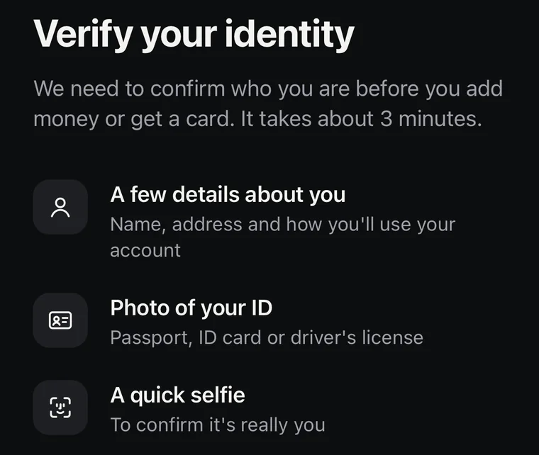 Identity verification in three steps: your details, a photo of your ID and a selfie