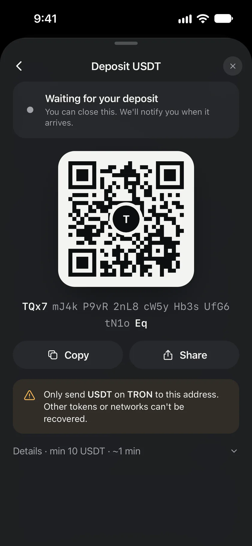 Deposit: a QR code and address to send USDT to, waiting for the deposit to arrive