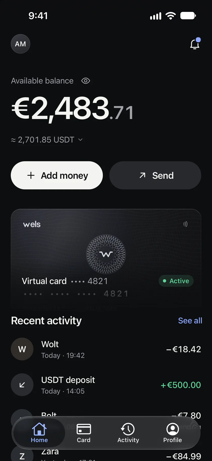 Home: an available balance of €2,483.71, Add money and Send, the virtual card and recent activity