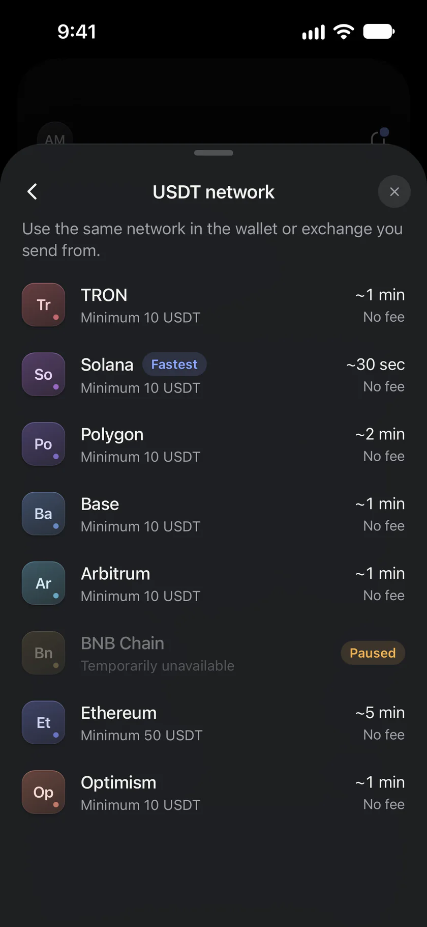 Network selection for a USDT deposit, with the minimum, arrival time and fee for each network