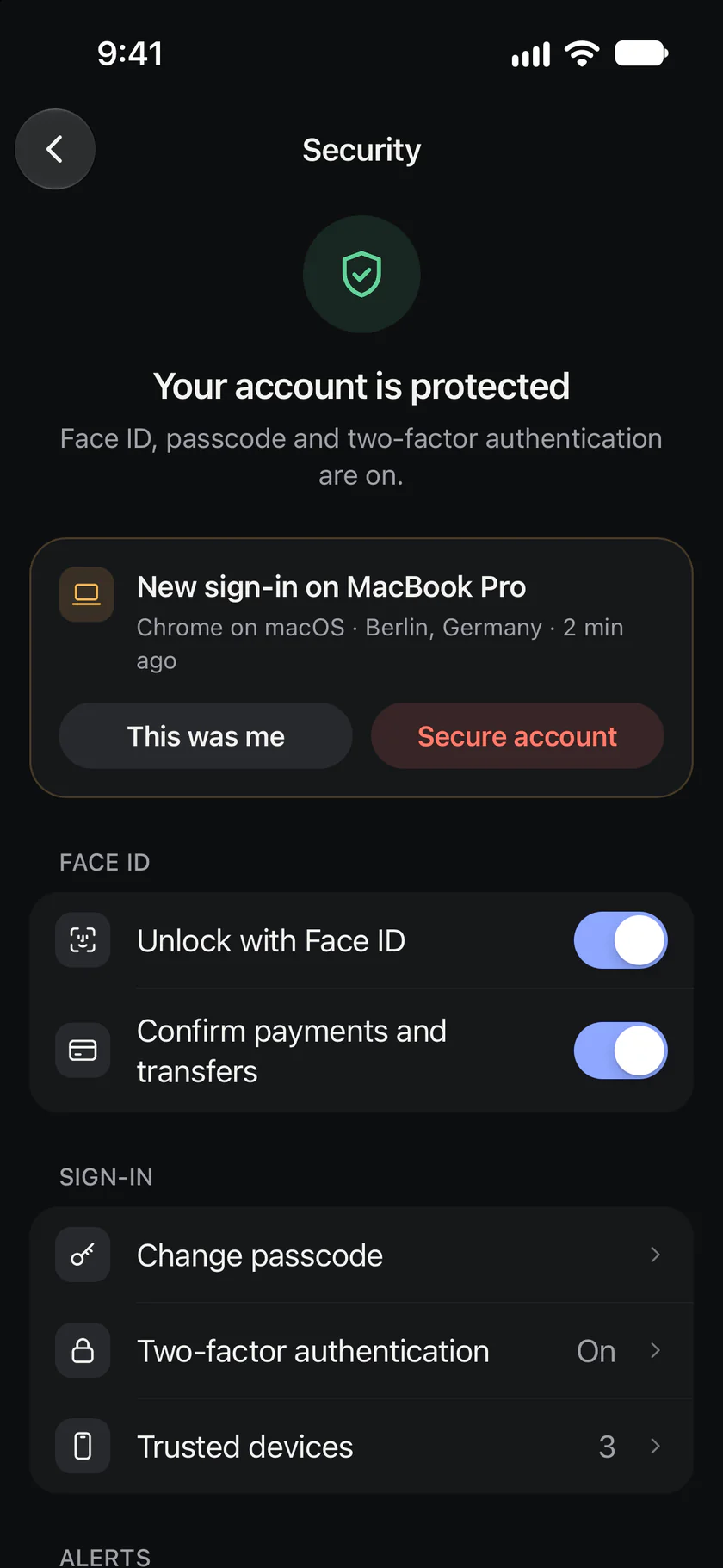 Security: Face ID, passcode and two-factor authentication, with a new sign-in alert to review