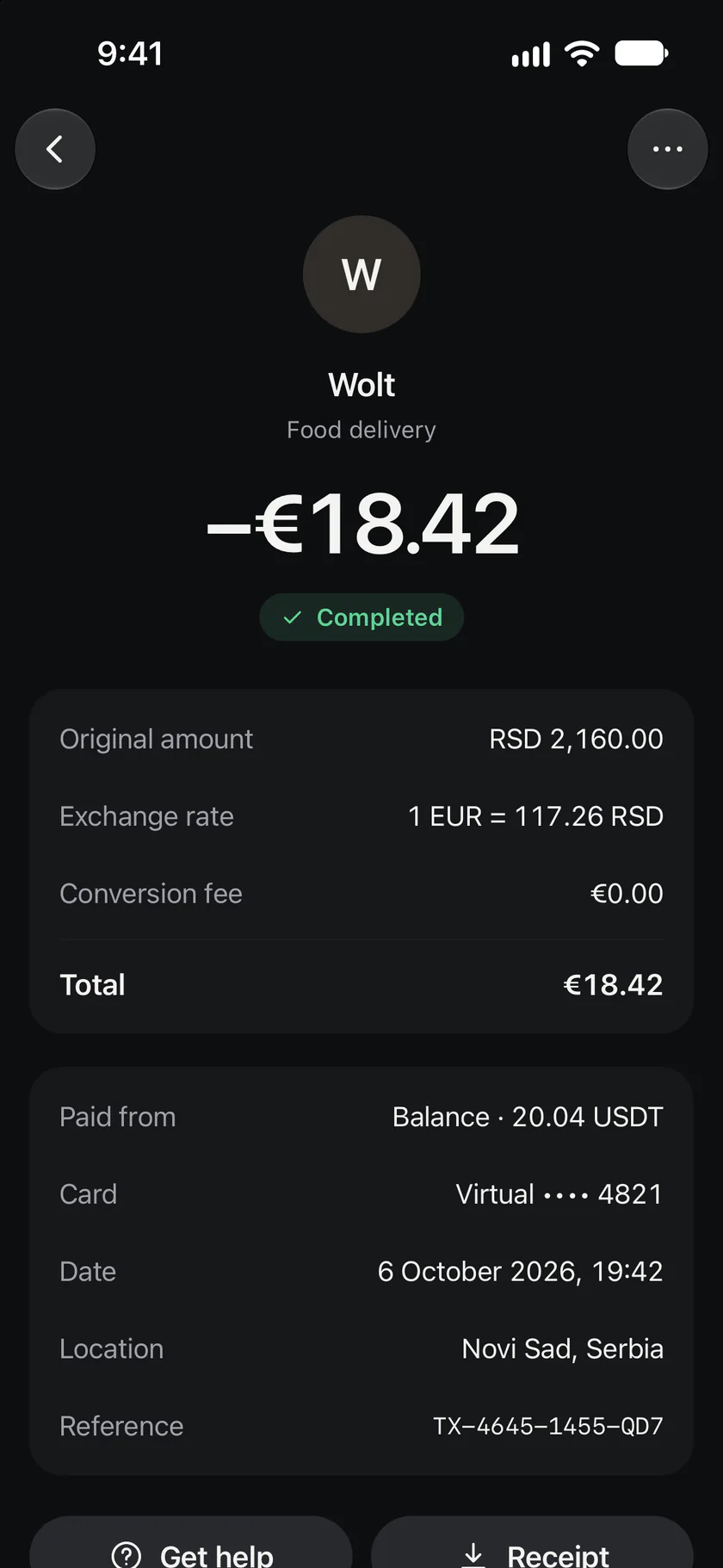 A card payment of €18.42 at a food delivery service, with the exchange rate and conversion fee